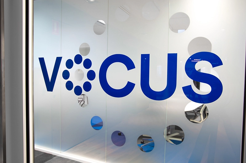 Picture of Vocus reception doors with our Vocus logo on it