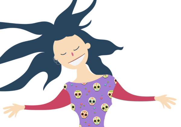 Image of a girl looking happily into the distance. She is wearing a skull dress.