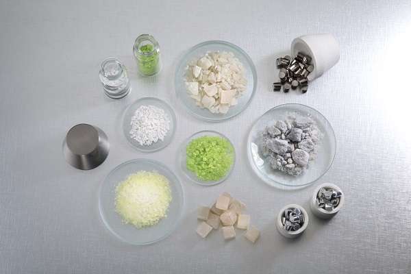 An arrangement of different powdered and solid chemicals