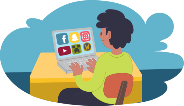 An illustrated person sitting at a desk using a laptop that displays several social media and gaming icons on the screen.