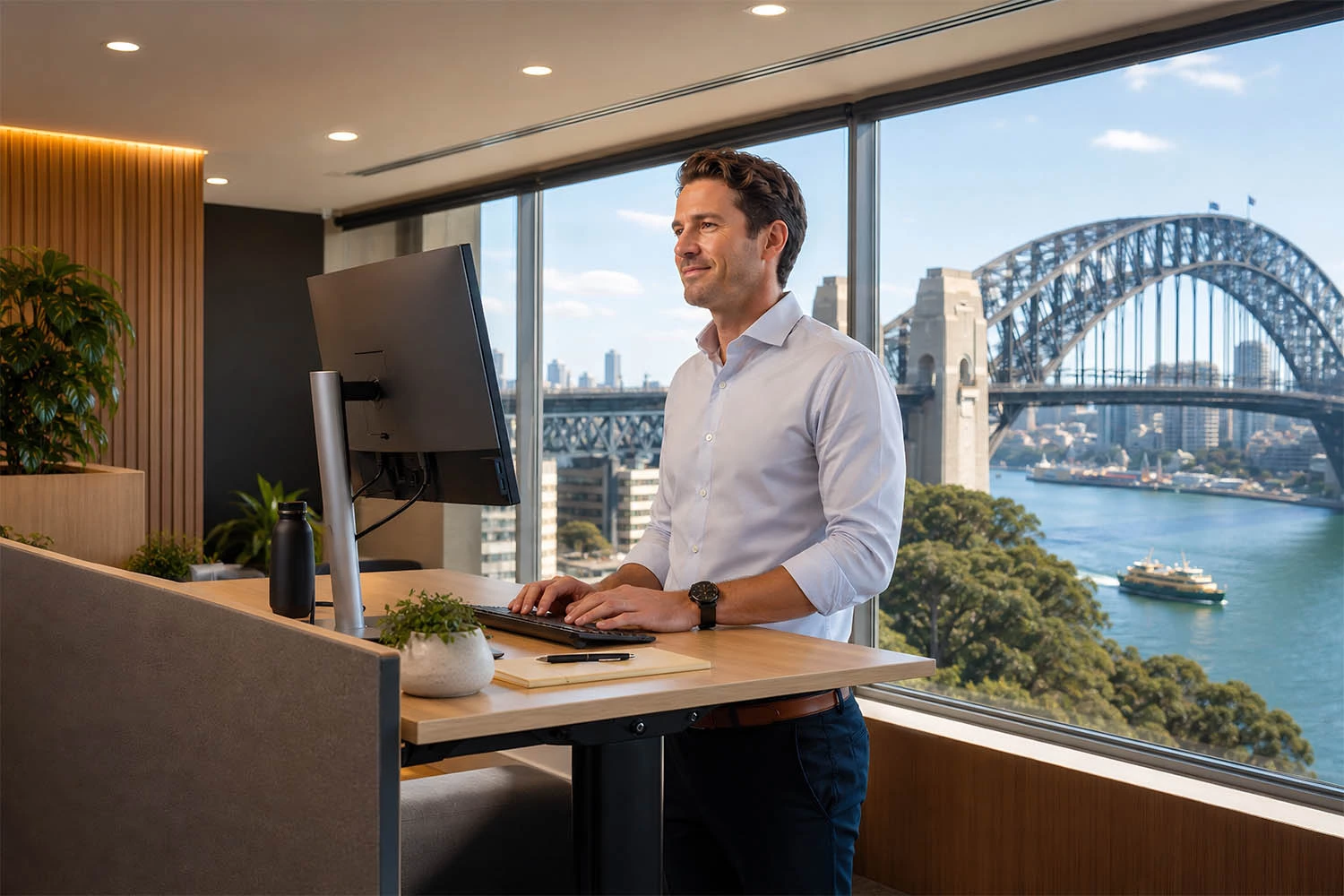 Office worker standing at desk using computer in office environment with Sydney Harbour Bridge in the background seen through office window