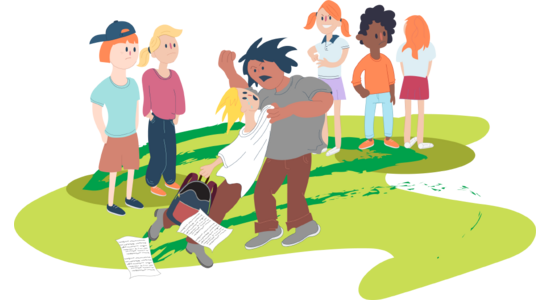 Illustration of child bullying another child while kids watch on