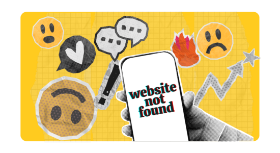 Collage of emojis and web icons with a phone saying 'website not found'