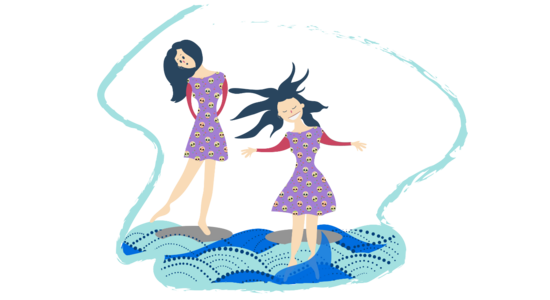 Illustration of a girl in two scenarios, one is standing on small circular platforms above layered blue wave patterns, testing the water with her toe. The other figure has her feet in the water. Curved light blue lines arc around them against a black background.