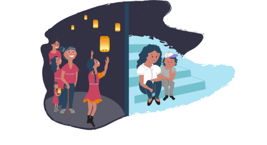 A split illustration showing a group of people smiling while releasing glowing lanterns at night on one side, and two people sitting together on steps looking sad on the other side.