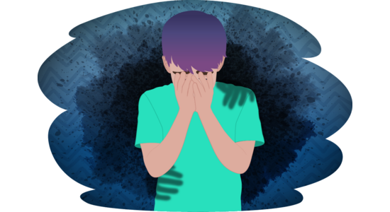 Illustration of a person standing with both hands covering their face. Dark hand shapes appear around the figure against a textured blue and black background.