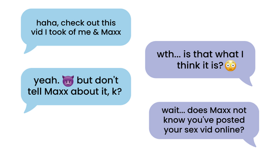 Illustration showing four message bubbles arranged like a chat. The messages discuss a video being shared online, ask whether the content was posted without permission, and include emoji reactions. The background is plain white.