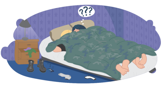 An illustrated person lying in bed under a blanket, with a thought bubble containing question marks above their head.