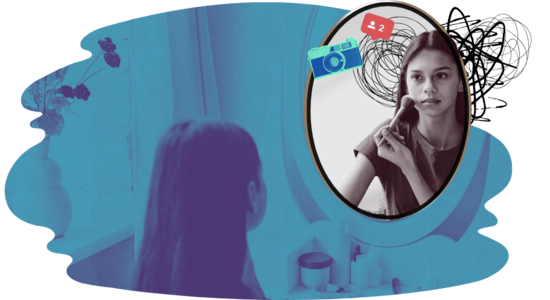 Illustration of a girl seen from behind looking toward a mirror. In the mirror reflection, a photo‑style image appears with notification icons, a camera symbol, and scribbled lines around the head. Bathroom items sit on a surface below the mirror, and the background uses layered blue tones.