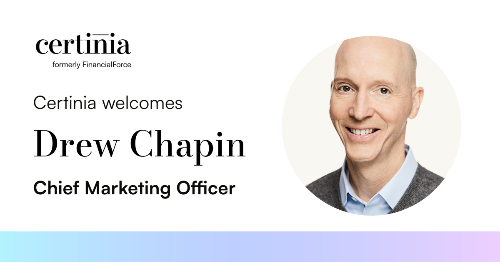 Text reads ‘Certinia welcomes Drew Chapin, Chief Marketing Officer’ with a headshot of Drew Chapin