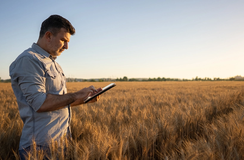 Image of man on ipad in Australian wheat field