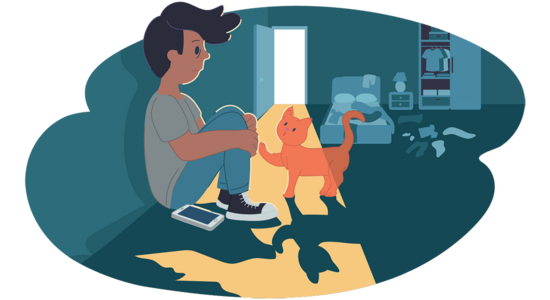 An illustrated person sitting on the floor indoors with knees drawn up, a mobile phone beside them, and a cat standing nearby; a bed and wardrobe are visible in the background.