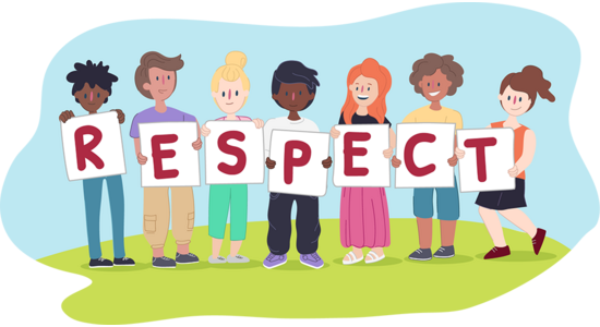 A group of illustrated people standing outdoors holding signs that spell the word “RESPECT”.