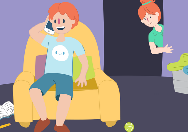 Illustration of child calling Kids Helpline while mum looks on