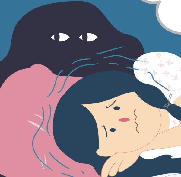 Illustration of a girl looking stressed with a black blob representing anxiety behind her.