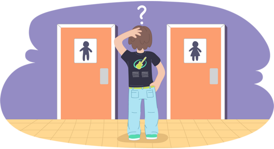 Illustration of a person standing in a hallway between two closed doors, each marked with a restroom symbol. The person faces away, with one hand on their head, and a question mark appears above them. The floor is tiled, and the background wall is purple.