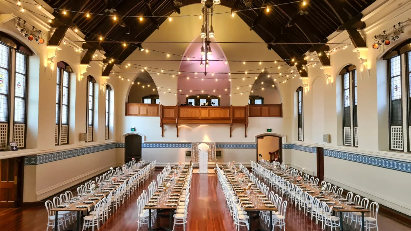 Perth Town Hall set up with banquet style seating