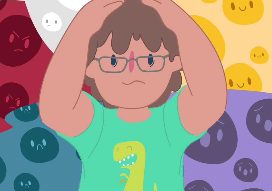 A teen surrounded by different emojis.