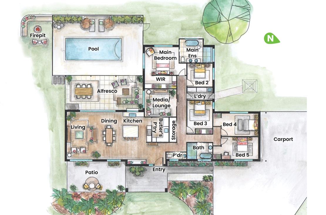 A water colour rendered floorplan of the home with room labels.
