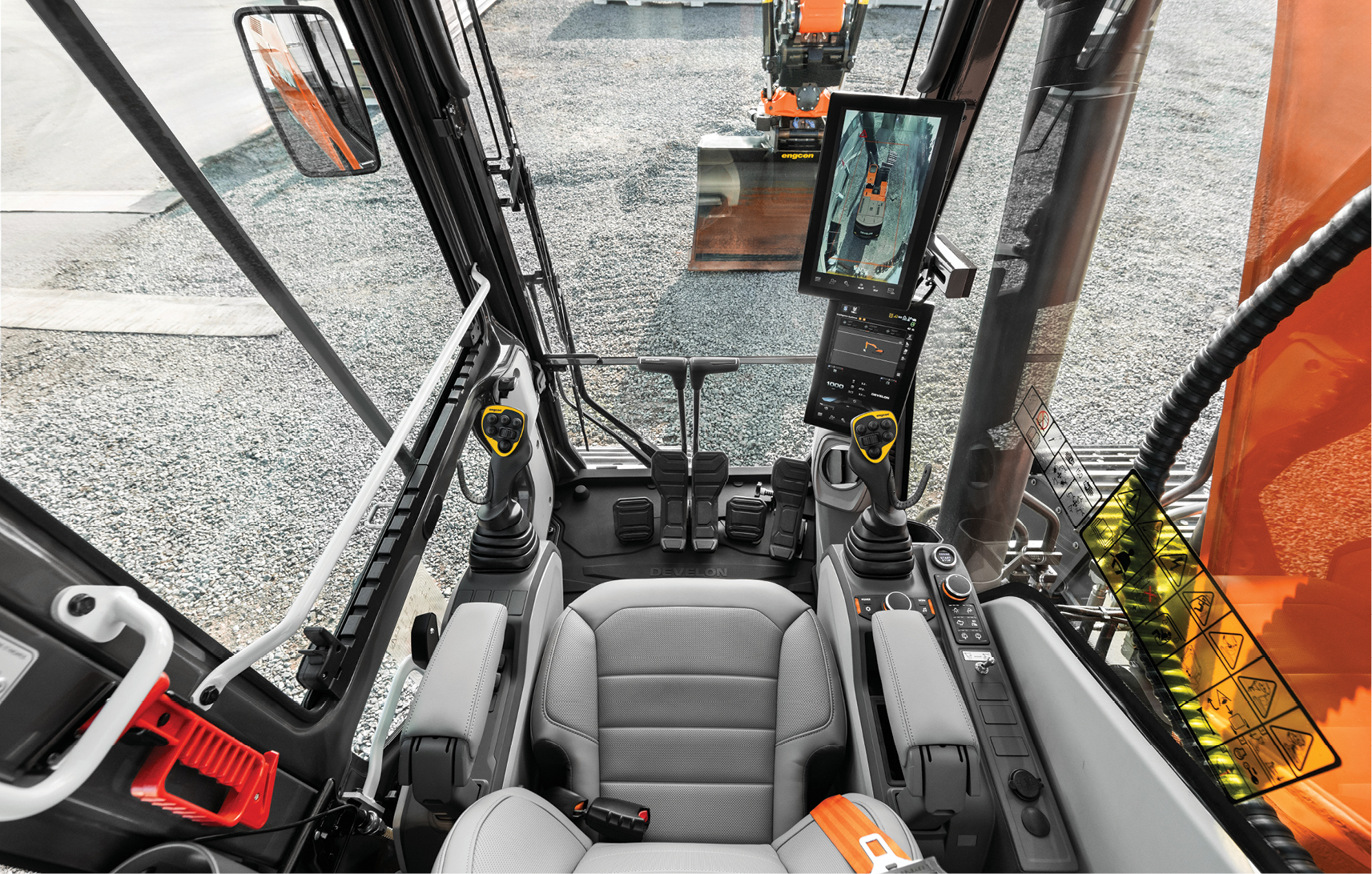 Safety features inside the cab of a DEVELON -9 Series DX260LC-9 crawler excavator.