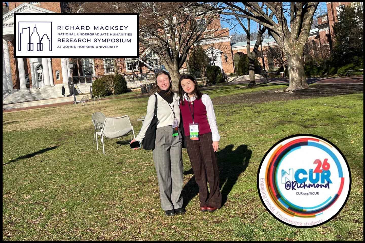 Photo of Kiran Pfaffinger and Natalie Peter on a college campus. Logos for the National Council for Undergraduate Research and the Johns Hopkins Macksey Undergraduate Research Symposium occupy opposing corners. 