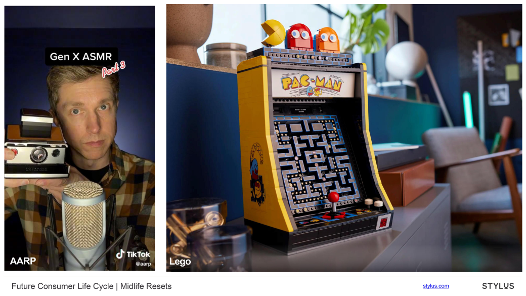 On the left is a TikTok presentation of retro nostalgic sounds in ASMR by a group called AARP. On the right is a "Pac-Man" arcade game made of Legos.