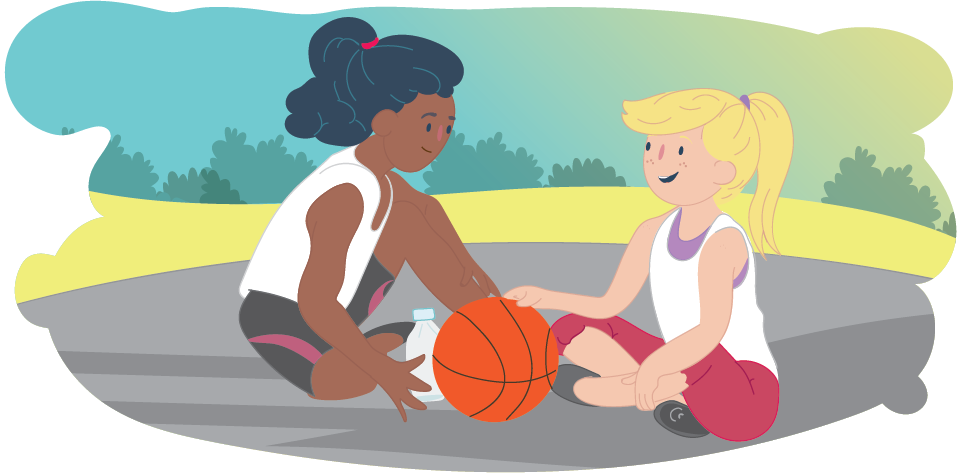 Two girls chatting while holding a basketball.
