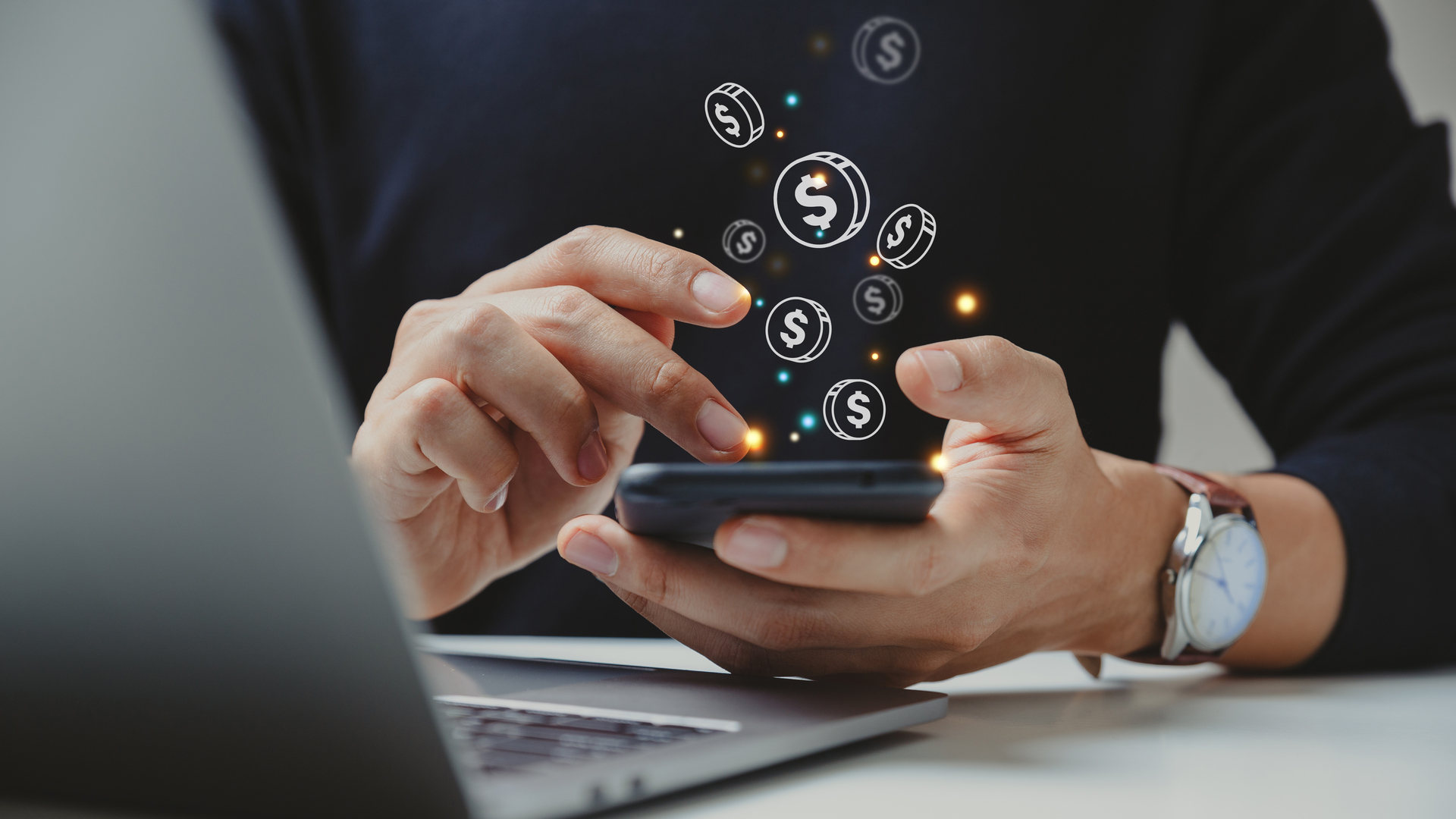 Hand of businessman using smart phone with coin icon.