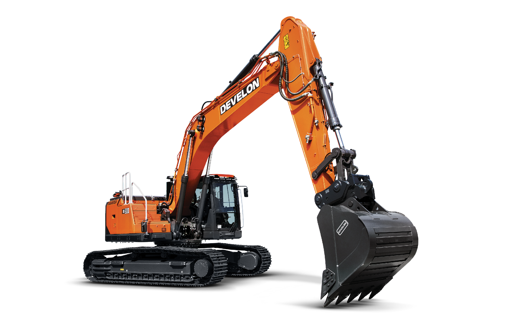 DEVELON DX300LC-9 crawler excavator on a white background. 