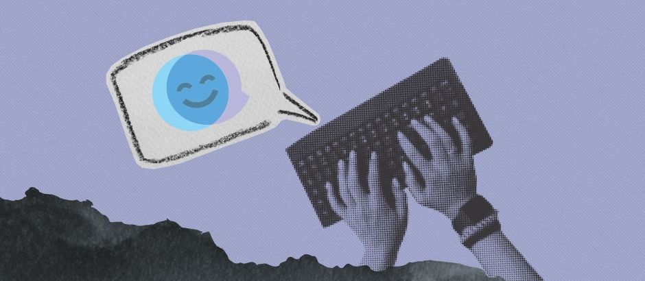 A person typing on a keyboard. A Kids Helpline smile emoji emerges from a speech bubble attached to the keyboard.