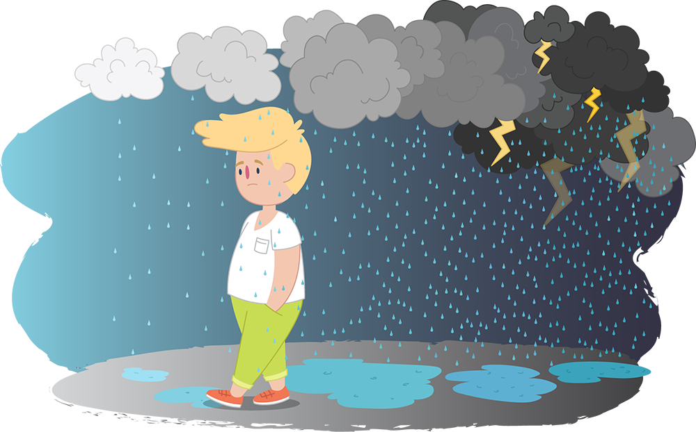 Illustration of a person walking through puddles under rain clouds, with darker storm clouds on one side.