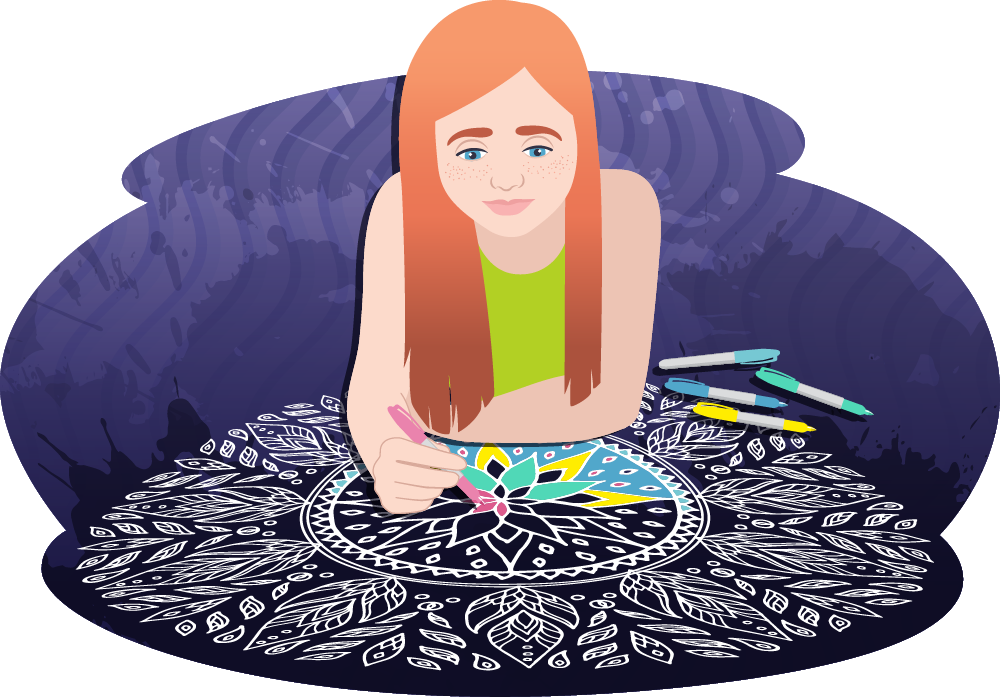 An illustrated person lying on their stomach, colouring an intricate circular pattern with pens on a dark surface.