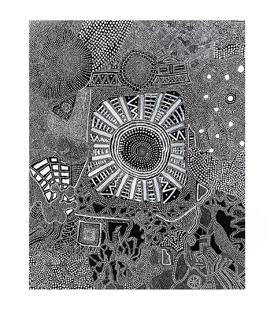 A black‑and‑white Aboriginal artwork made of detailed dots and geometric patterns arranged around a large circular