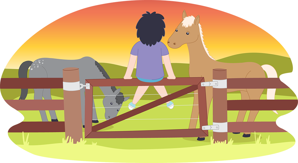 Illustration of a person sitting on a fence rail in a paddock. Two horses stand on either side, with open grassland and a sky gradient in the background.