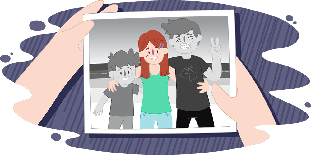 Illustration of hands holding a photograph showing three people standing together outdoors, with two figures in grey.