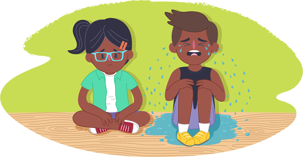 Illustration of two people sitting on a wooden surface. One sits cross‑legged while the other sits with knees drawn up and water pooled around their feet.