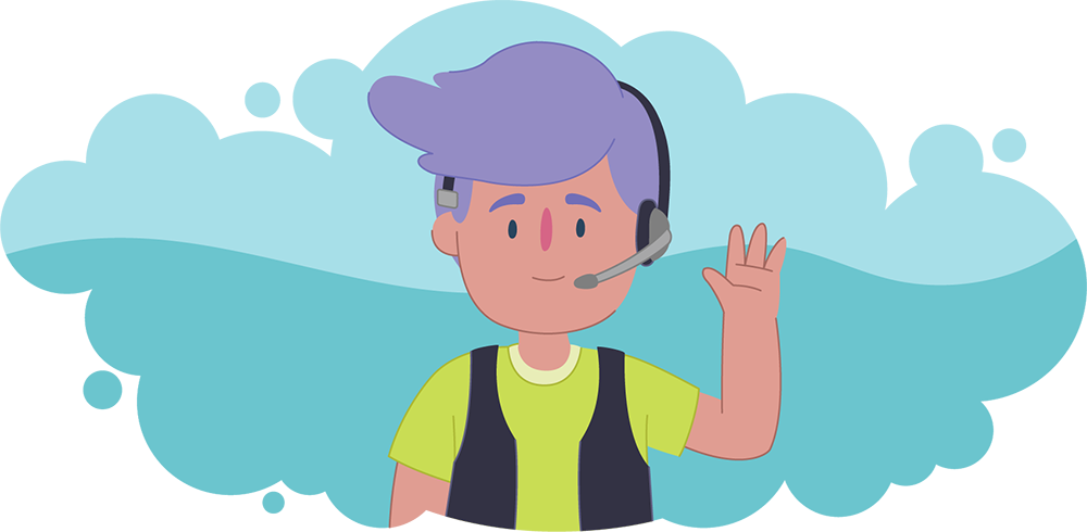 Illustration of a person wearing a headset and waving, shown against a cloud-shaped background.