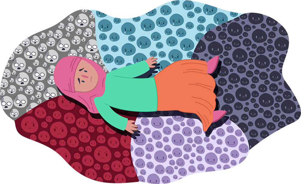 Illustration of a person lying on their side on overlapping patterned shapes with different facial icons.