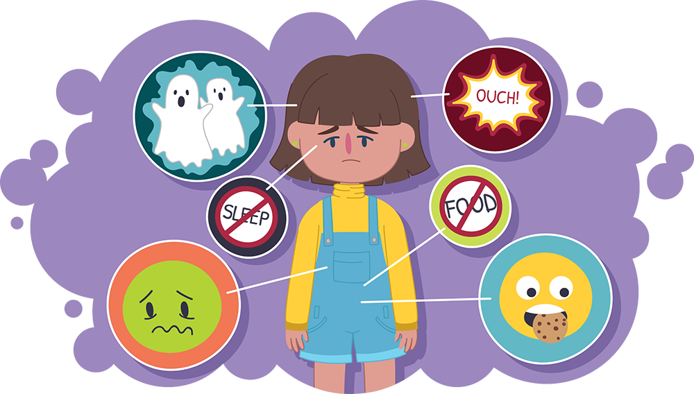 Illustration of a person standing with icons around them, including a ghost, the word “Ouch!”, a crossed‑out sleep symbol, a crossed‑out food symbol, and a feeling of being sick.