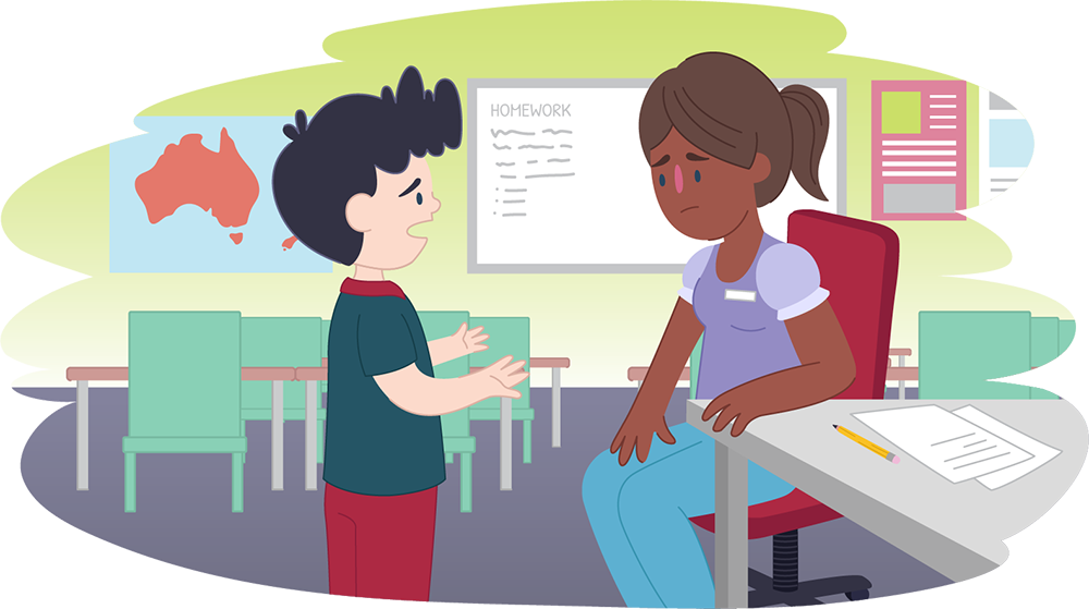 Illustration of a child standing beside a desk speaking to a teacher seated in a classroom.