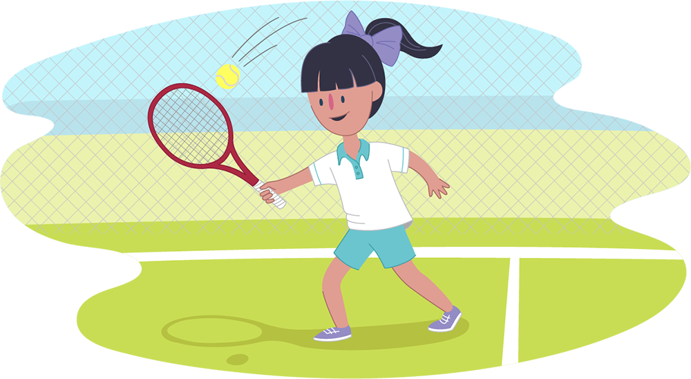 Illustration of a child on a tennis court swinging a racket to hit a ball.