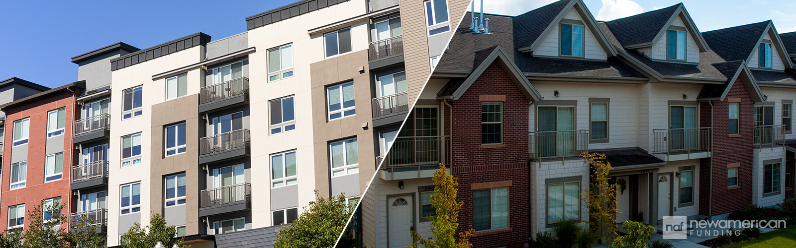 A split image with a condominium building on one side and a townhome on the other
