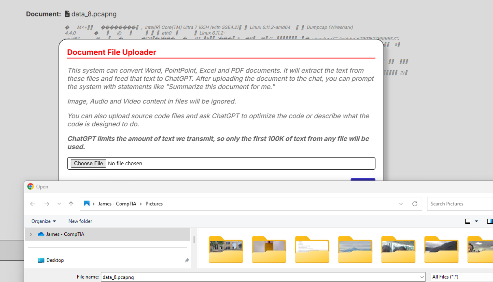Figure 3: Uploading a packet capture to ChatGPT