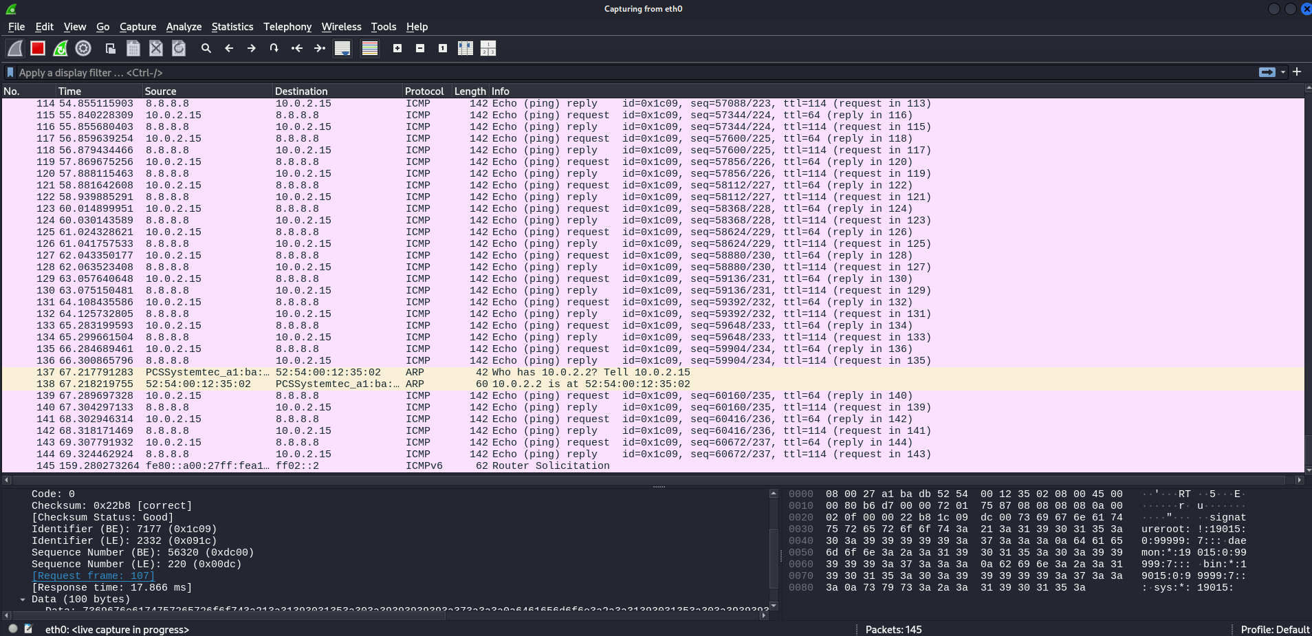 Figure 2: Packet capture showing data egress using ICMP packets