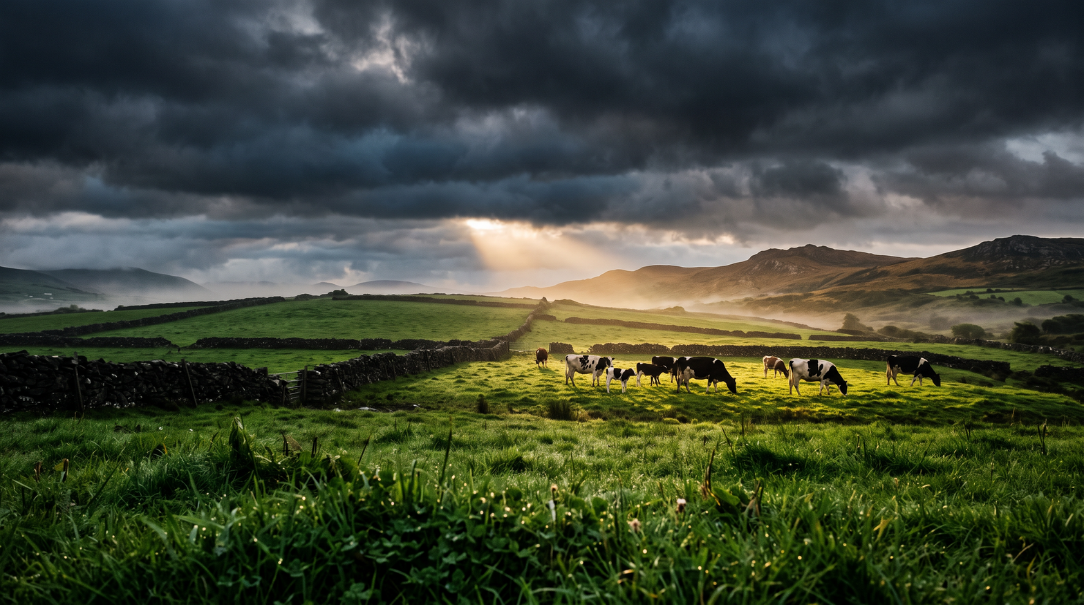 Cows and calves grazing on emerald Irish pasture beside a dry-stone wall at golden hour