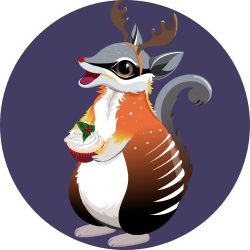 Illustrated numbat wearing Christmas antlers and holding a present while looking joyfully into the distance