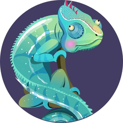 Illustrated chameleon on a stick with pink cheeks that show it is embarrassed 