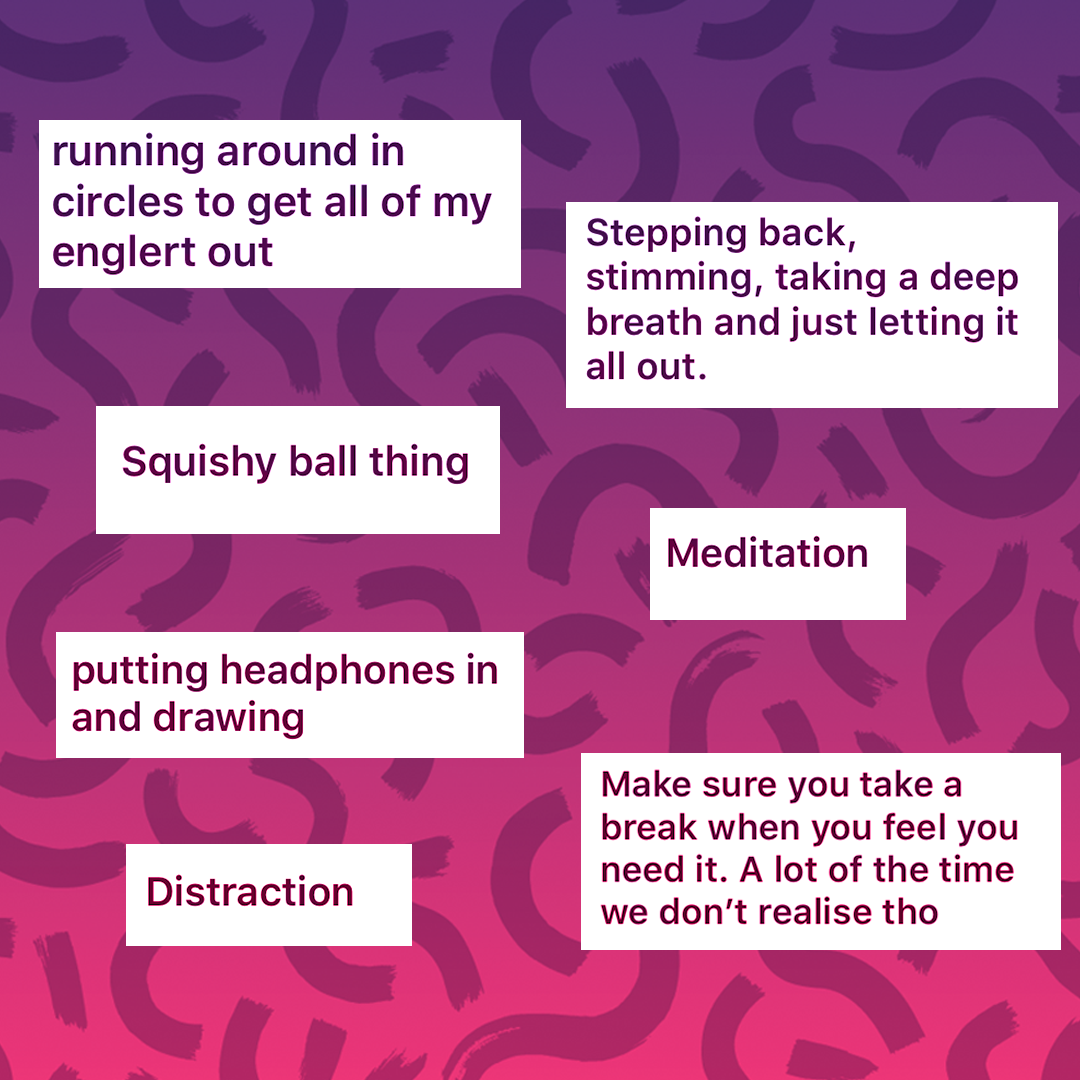 Text boxes listing coping strategies including running in circles, using a squishy ball, meditation, taking breaks, distraction, and breathing exercises.