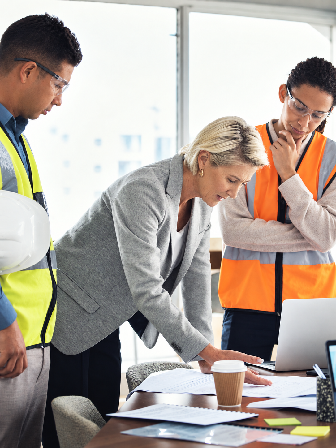 Female executive reviewing architectural blueprints and laptop data with field technicians in safety vests