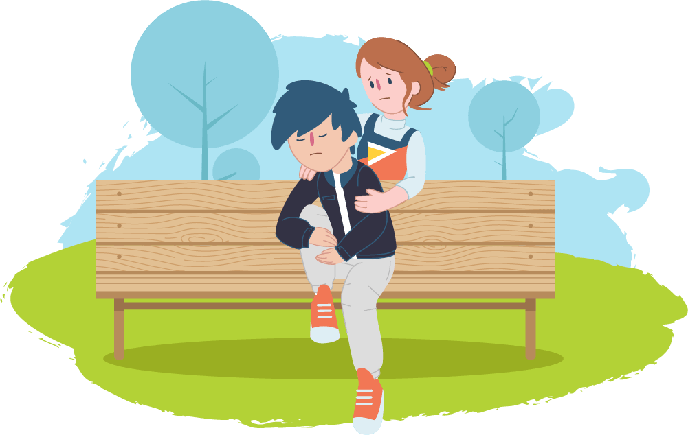 An illustration of a person sitting on a wooden bench with another person standing behind them with a hand on their shoulder, in a park setting, with trees and grass in the background.